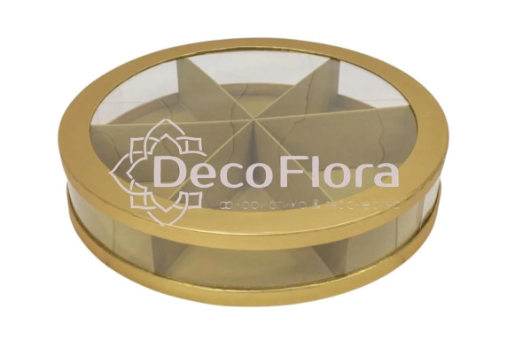 Коробка сборная с окошком 35*35*7см круг золото 720896/1